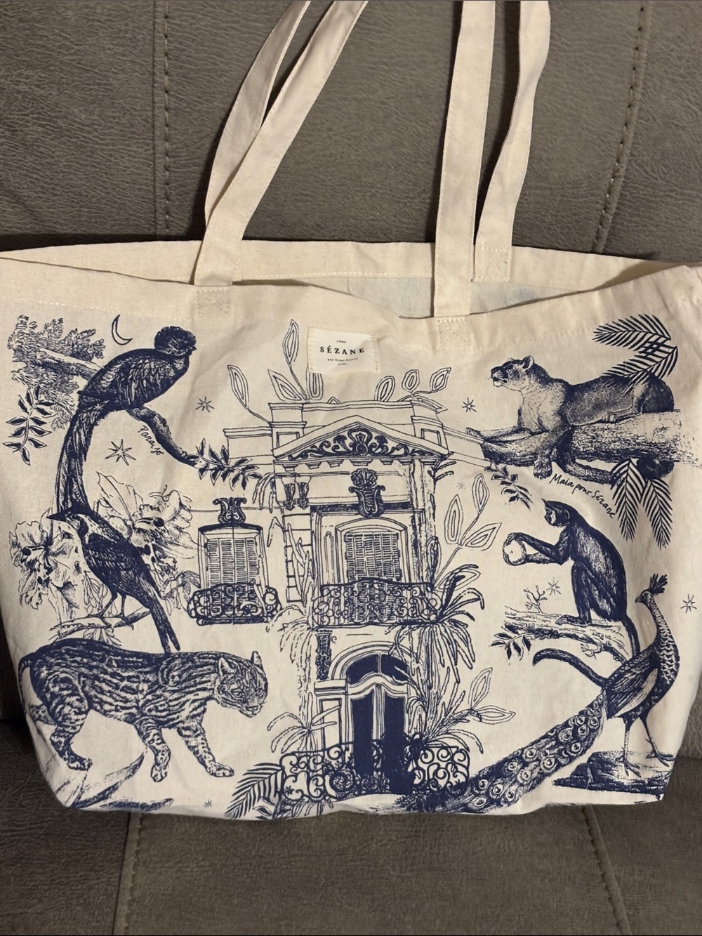 Sezane Cream & Navy Illustrated Canvas Tote Monkey Tiger Peacock